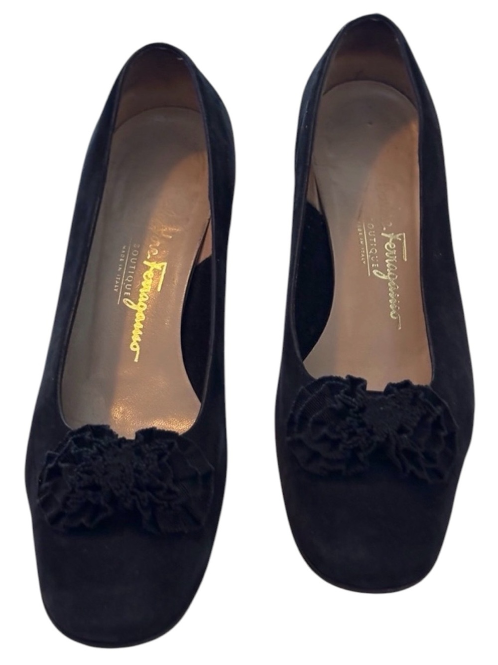 Salvatore Ferragamo Black Suede Shoes with Embroidered Floret Sz 8.5 EUC